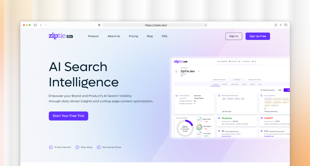 Ziptie.dev homepage with purple design, headline "AI Search Intelligence," a "Start Your Free Trial" button, and a dashboard showing visibility analytics for Perplexity and ChatGPT.