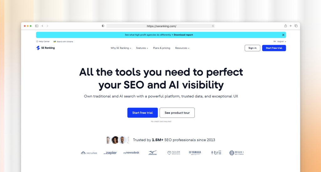 SE Ranking homepage with headline "All the tools you need to perfect your SEO and AI visibility," trial buttons, and logos of trusted brands like Zapier and Yamaha.