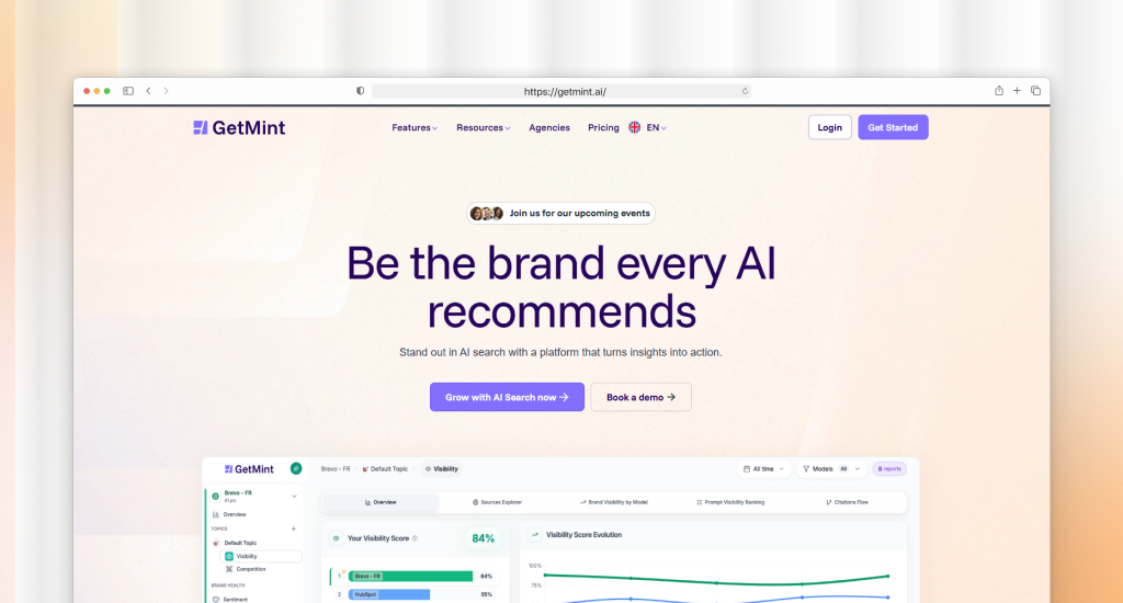 GetMint homepage with headline "Be the brand every AI recommends" and subtext about turning AI search insights into action.