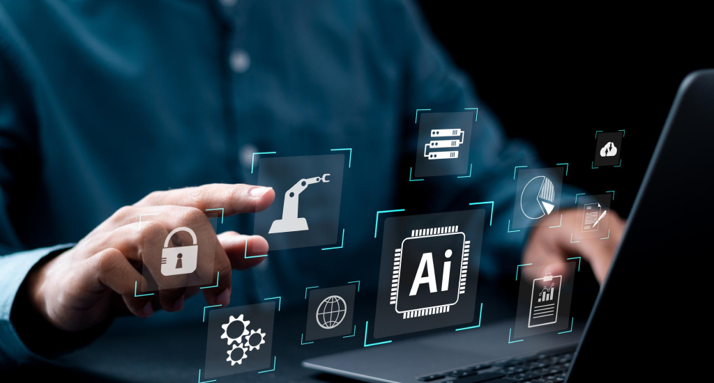 A person uses a laptop while various digital icons representing Artificial Intelligence (AI) float in the foreground.