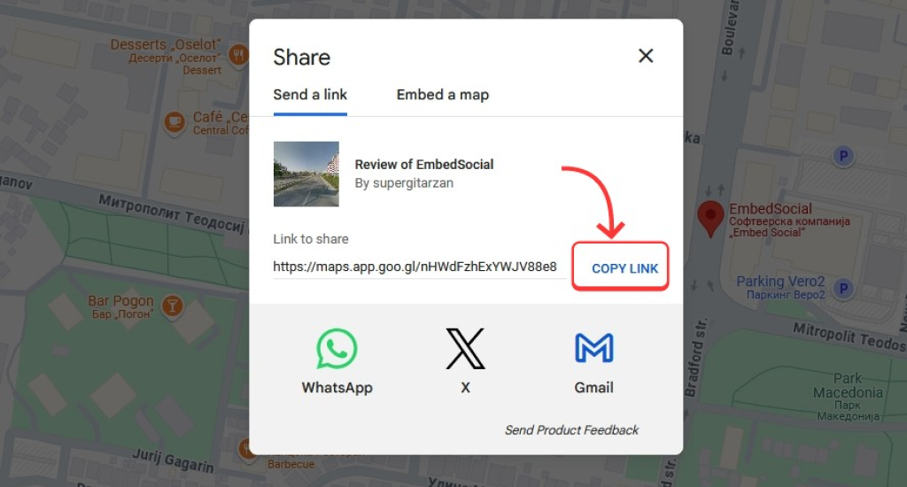 Google Maps share dialog box for a review of "EmbedSocial" by "supergitarzan." It displays a short URL and social sharing icons for WhatsApp, X, and Gmail.