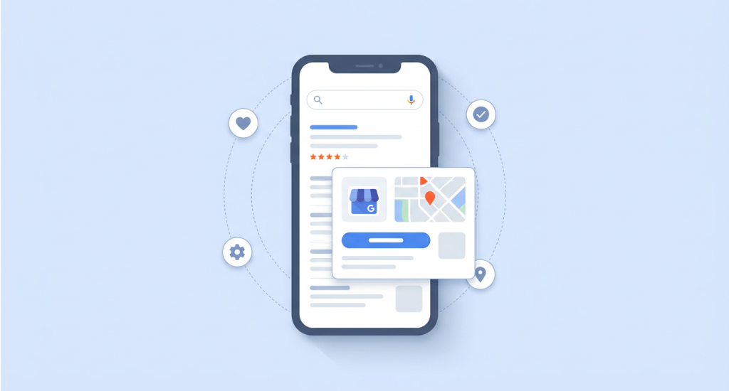 An illustration of a smartphone displaying a Google Search result with a map pop-up, surrounded by floating icons for settings, favorites, and location check-ins.