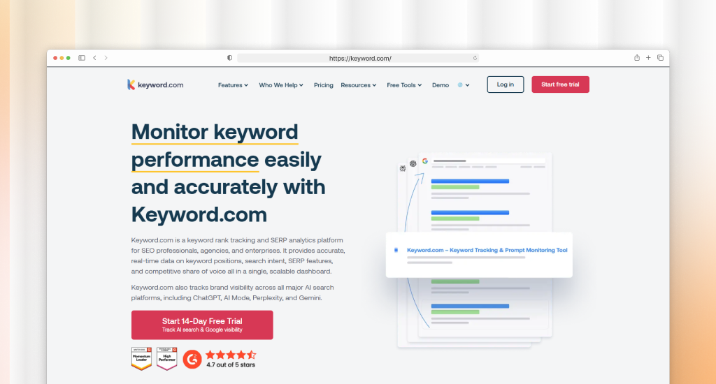 Keyword.com landing page with headline "Monitor keyword performance easily and accurately," a 14-day free trial button, review badges, and a rank tracking dashboard illustration.