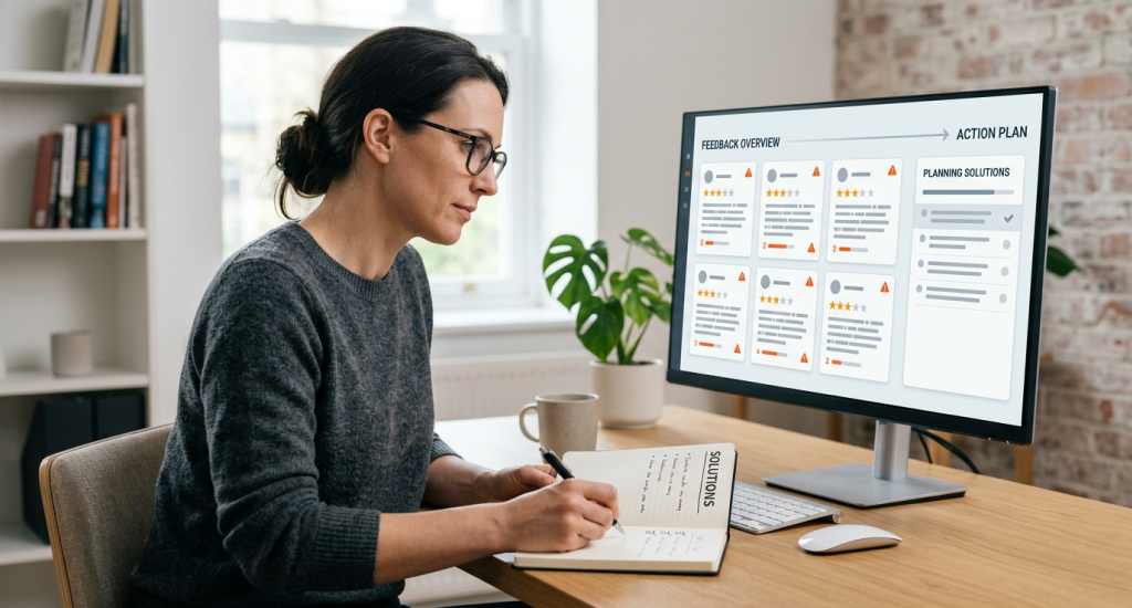 A woman with glasses and dark hair tied back sits at a wooden desk, writing in a notebook. A computer monitor displays feedback charts and an action plan nearby.