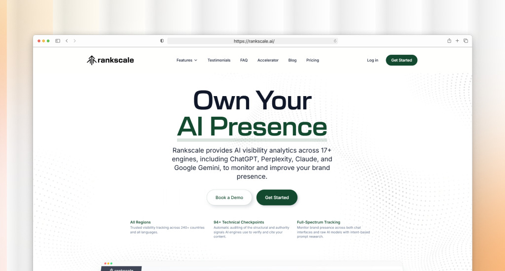 Rankscale.ai homepage with headline "Own Your AI Presence," AI visibility analytics across 17+ engines including ChatGPT and Perplexity, and "Book a Demo" and "Get Started" buttons.