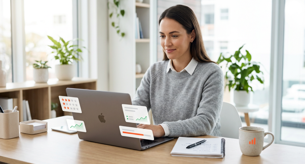 A woman in a grey sweater works on an Apple laptop at a bright desk. Digital data icons, like star ratings and graphs, float around the screen near a coffee mug.