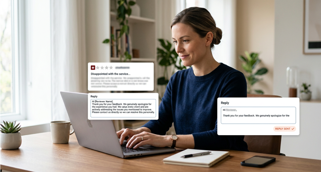 A woman sits at a desk typing on a laptop. Digital overlays show a one-star review and her professional replies, illustrating online reputation management.