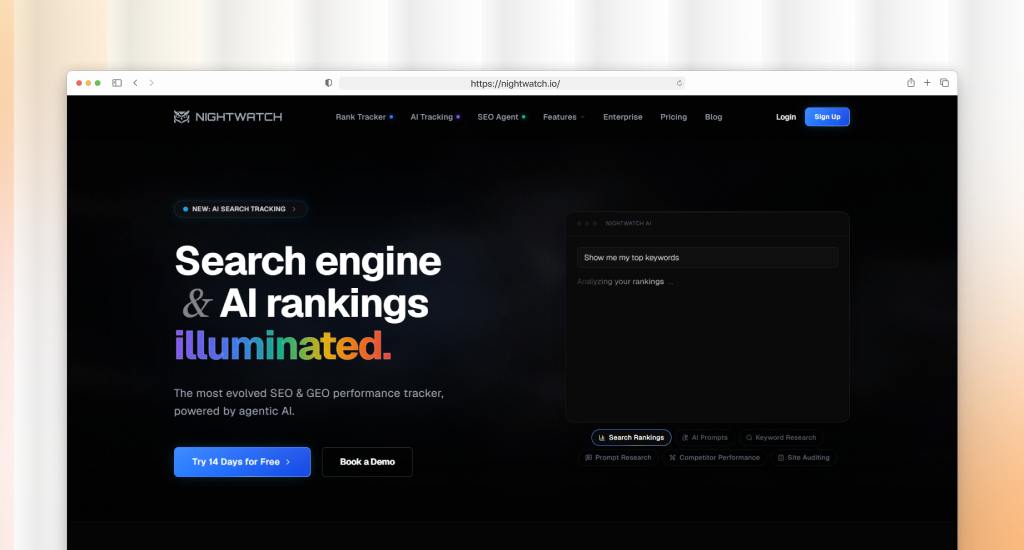 Nightwatch.io homepage with dark theme, headline "Search engine & AI rankings illuminated," "Try 14 Days for Free" and "Book a Demo" buttons, and a UI mockup showing AI Prompts tracking.