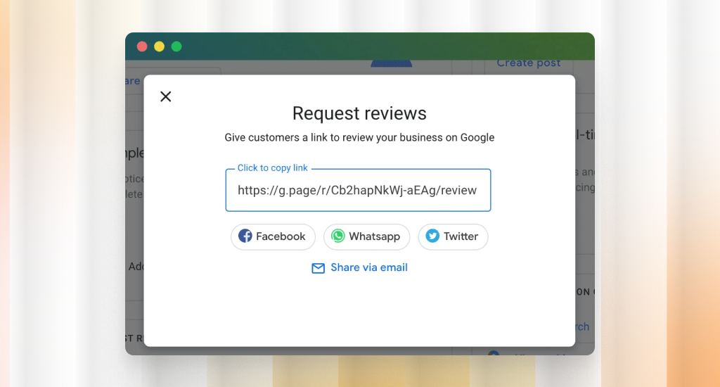 A "Request reviews" pop-up window displays a Google Business review link with options to share via Facebook, WhatsApp, Twitter, or email on a desktop interface.