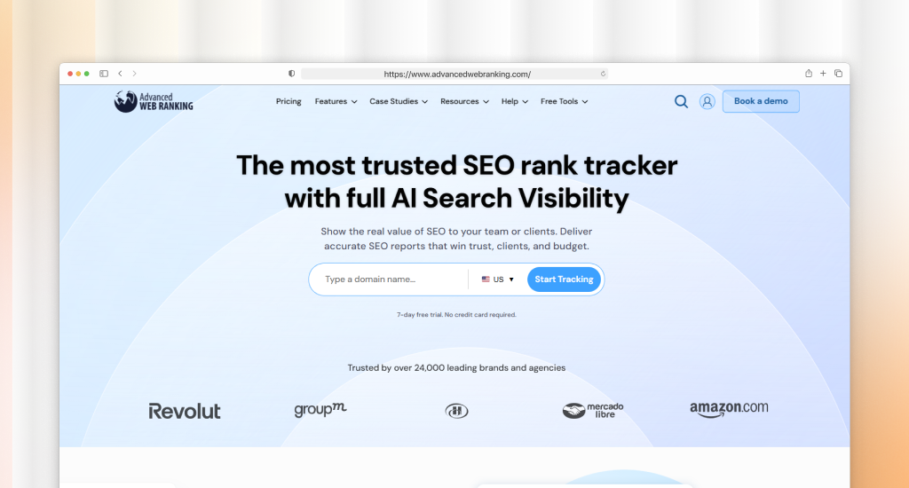 Advanced Web Ranking homepage with headline "The most trusted SEO rank tracker with full AI Search Visibility," a domain search bar, and trusted brand logos including Hilton and Amazon.