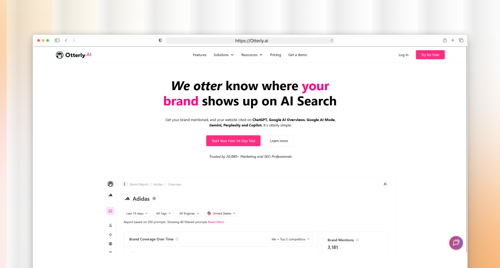 Screenshot of the Otter.ai homepage featuring the headline "We otter know where your brand shows up on AI Search," with a pink "Get started for free" button and an analytics dashboard below.