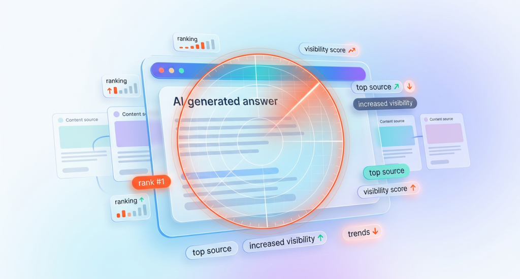 Conceptual graphic of an AI-generated search result with a radar overlay, surrounded by SEO metrics like ranking, visibility score, top sources, and trends.