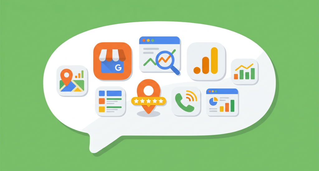 Illustration of colorful Google-style icons for maps, analytics, business profiles, and charts inside a white speech bubble on a vibrant green background.
