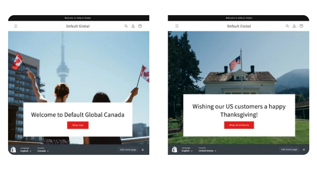 Two screen variations of the same website showing a Canada welcome banner on one side and a US Thanksgiving banner on the other.