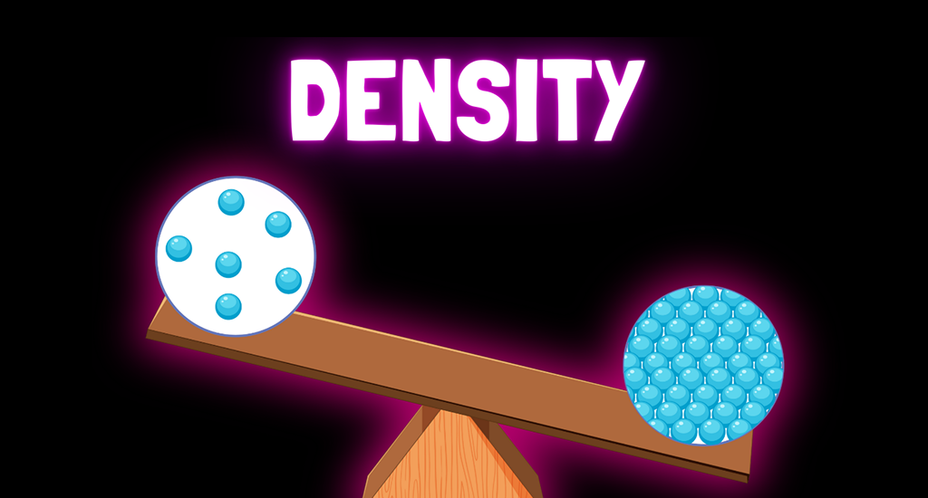 A wooden seesaw comparing two spheres, where the sphere packed tightly with blue balls is heavier than the sphere with fewer balls.