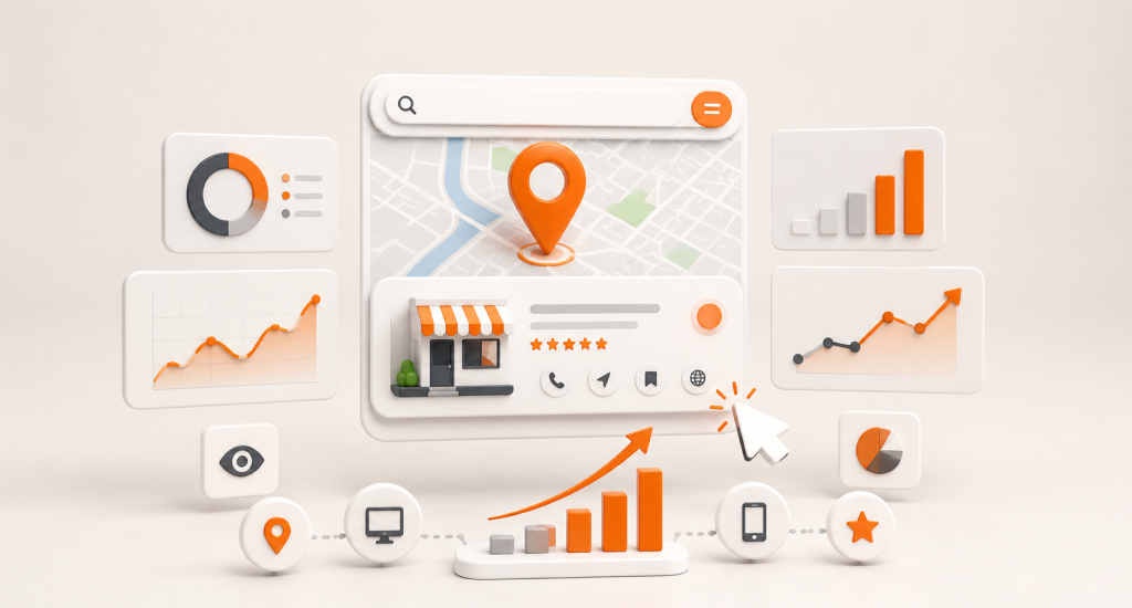 3D digital illustration of a storefront on a map surrounded by data charts, graphs, and marketing icons representing local SEO and business analytics.