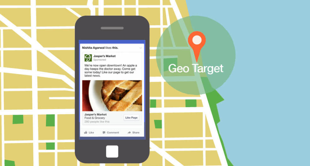 smartphone displaying a local ad against a map background with a green geo-target pin indicator.