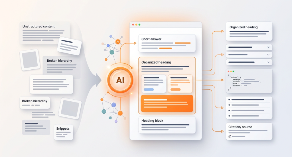 Unstructured data being processed into organized headings, a code schema, and citations.
