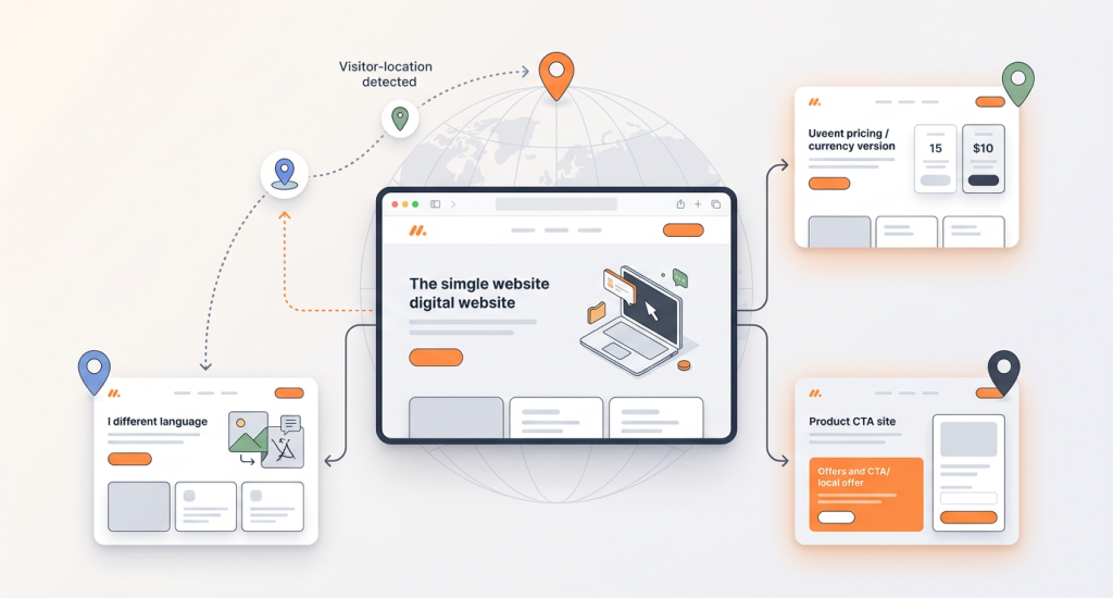 a central website detecting a visitor's location to display dynamic language, pricing, and local CTA variations.