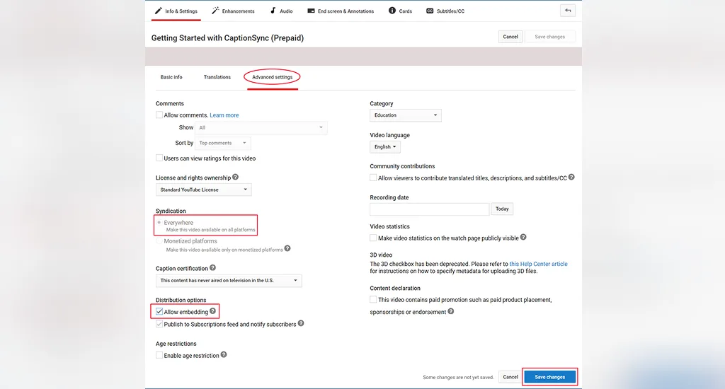 YouTube distribution options panel highlighting the checked box for Allow Embedding inside the Advanced Settings tab view.