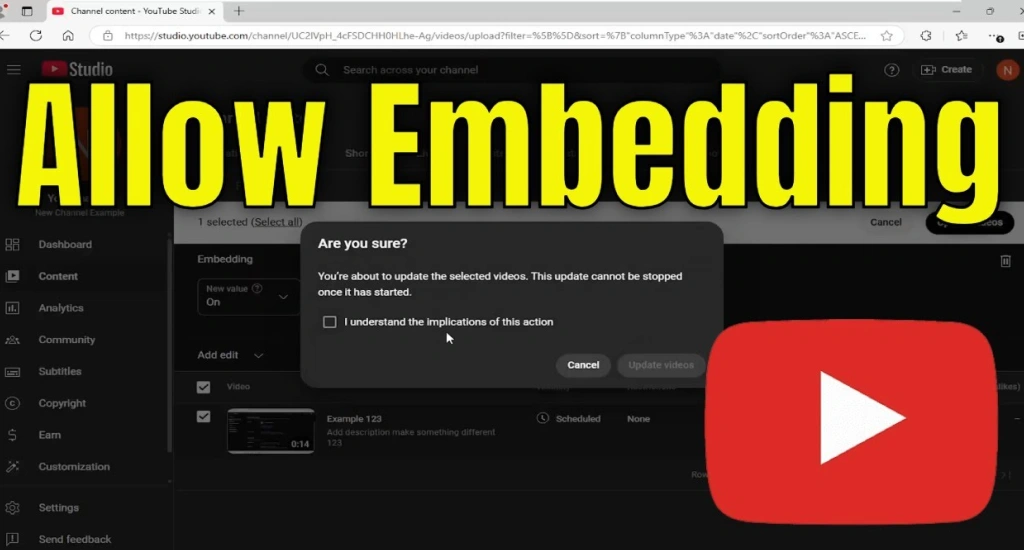 YouTube Studio dashboard popup warning window with large yellow text reading Allow Embedding next to a red play button logo.