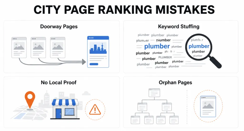 common city page SEO mistakes including doorway pages and keyword stuffing