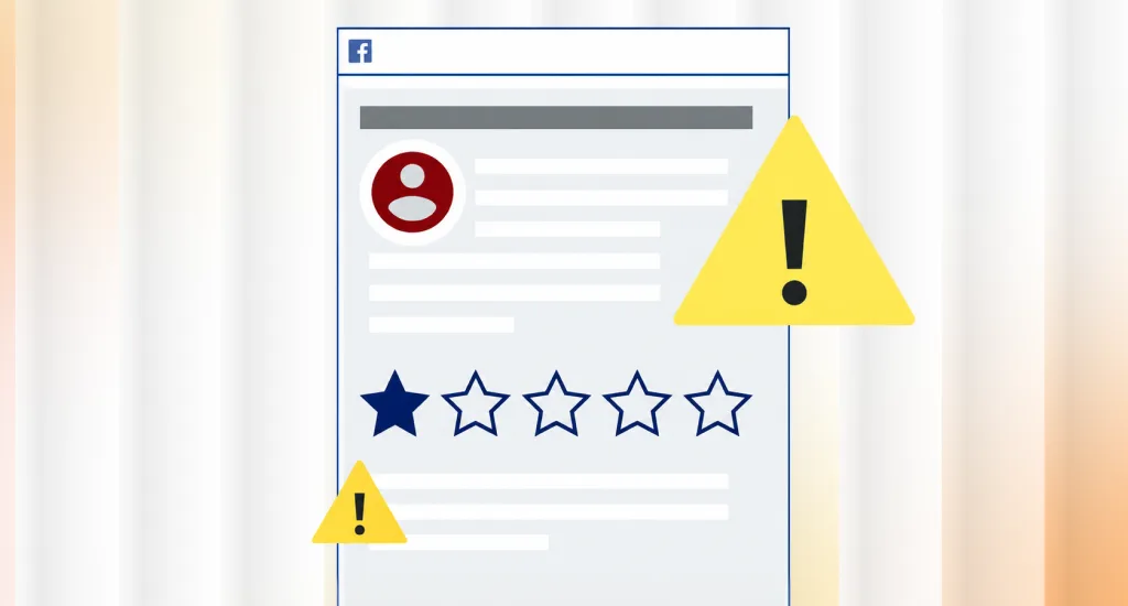 Graphic illustration of a fake one-star review on a Facebook profile with warning signs.
