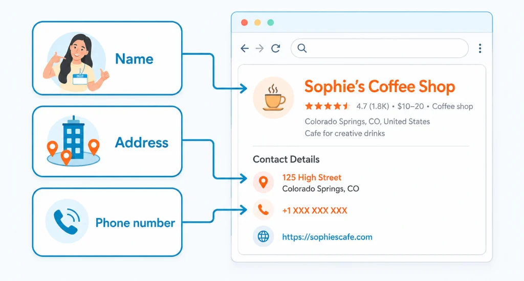 showing matching Name, Address, and Phone number details for a Google Business Profile listing.