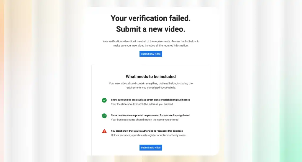 Screenshot of a failed Google Business Profile video verification checklist page.