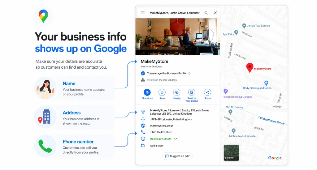 Google Maps business profile dashboard showing business name, location map pin, and contact details.