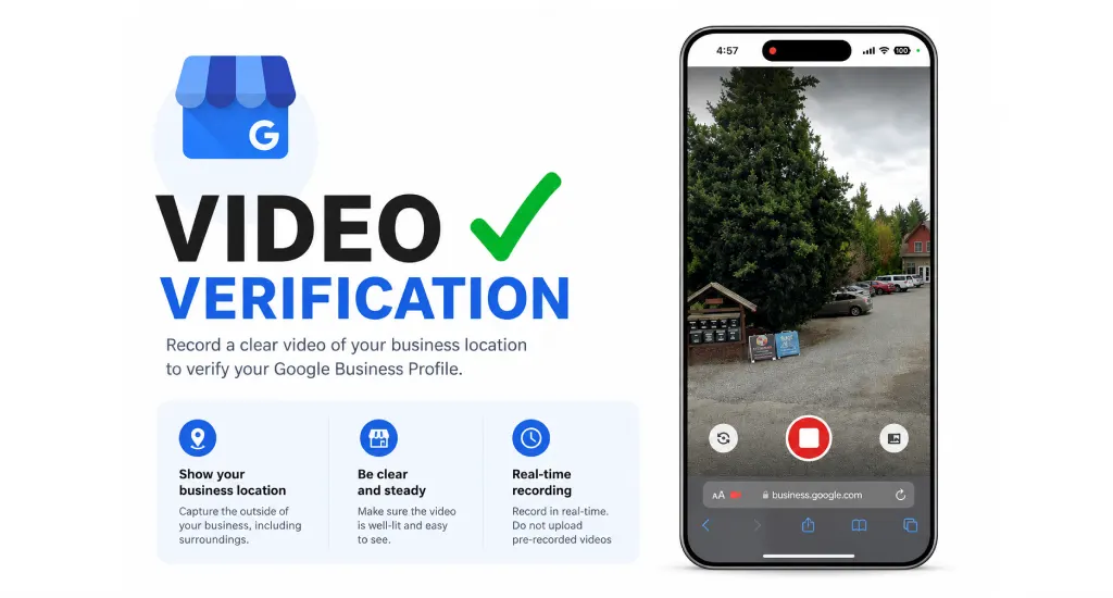 Smartphone screen displaying Google Maps real-time video verification instructions for a business profile.