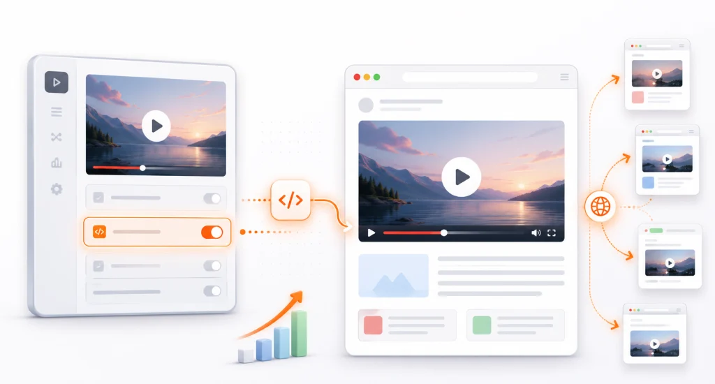Graphic showing a YouTube video layout inside a web browser mockup page with iframe code icons and rising chart bars.
