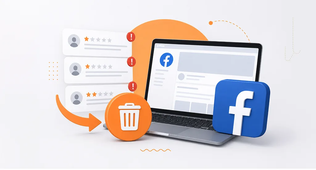 3D illustration of a laptop showing a Facebook page, a trash can icon, and negative reviews.