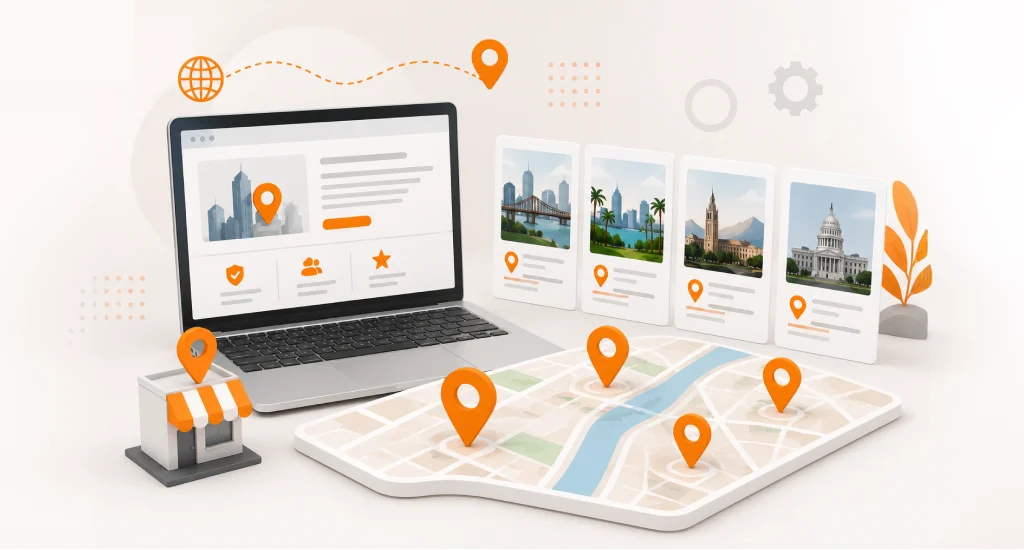 Laptop displaying a local service website next to a map with location pin markers