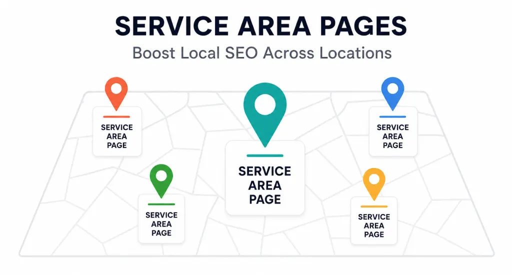 multiple service area page location pins connected across a regional map