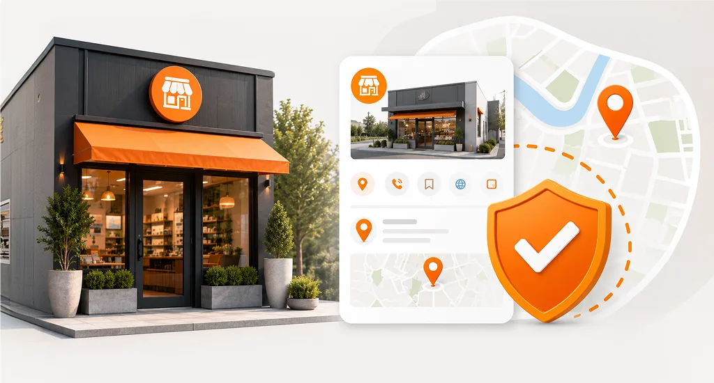 3D illustration of a local storefront and a verified Google Business Profile mockup.