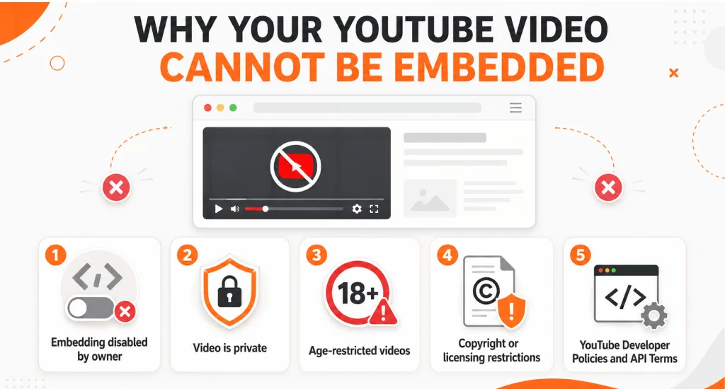 Infographic displaying five reasons why a video cannot be embedded including private status, age restrictions, and copyright laws.